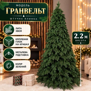 Штучна лита ялинка Гранвельт висотою 2.2 м розкішна пишна новорічна ялинка з густими гілками на крабах та складною металевою підставкою Зелений