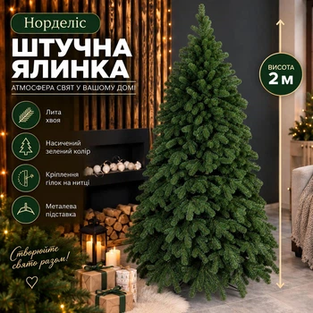 Штучна лита ялинка Норделіс висотою 2 м розкішна новорічна ялинка з полімеру, різдвяна пишна довговічна ялинка з густими гілками на нитці та складною металевою підставкою для дому Зелений