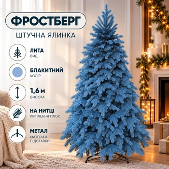 Штучна лита ялинка Фростберг 1.6 м розкішна новорічна ялинка, різдвяна пишна довговічна ялинка з густими гілками з полімеру на нитці та складною металевою підставкою для дому Блакитний