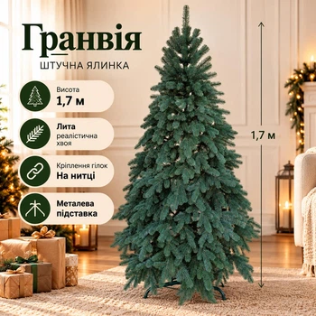 Штучна лита ялинка Гранвія 1.7 м розкішна новорічна ялинка, різдвяна пишна довговічна ялинка з густими гілками з полімеру на нитці та складною металевою підставкою для дому Зелений