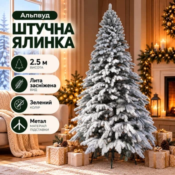 Штучна засніжена лита ялинка Альпвуд 2.5 м розкішна новорічна ялинка, різдвяна пишна довговічна ялинка з густими гілками з полімеру та складною металевою підставкою для дому Зелений