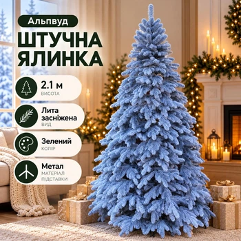 Штучна засніжена лита ялинка Альпвуд 2.1 м розкішна новорічна ялинка, різдвяна пишна довговічна ялинка з густими гілками з полімеру та складною металевою підставкою для дому Зелений