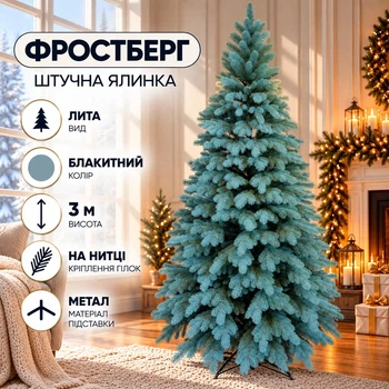 Штучна лита ялинка Фростберг 3 м розкішна новорічна ялинка, різдвяна пишна довговічна ялинка з густими гілками з полімеру на нитці та складною металевою підставкою для дому Блакитний