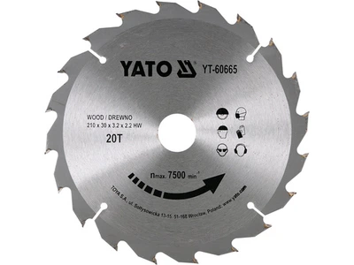 Диск пиляльний по дереву з победітовими напайками YATO: d= 210/30 мм t= 2,2 мм, 20 зубців t= 3,2 мм