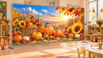 Осенний баннер для фотозоны PHOTODECOR «Корзина урожая и большие подсолнухи» 1 кв.м