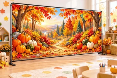 Осенний баннер для фотозоны PHOTODECOR «Лесная дорожка среди тыкв» 1 кв.м