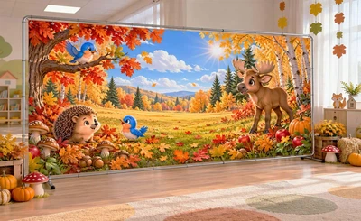 Осенний баннер для фотозоны PHOTODECOR «Олененок и ежик на лесной поляне» 1 кв.м