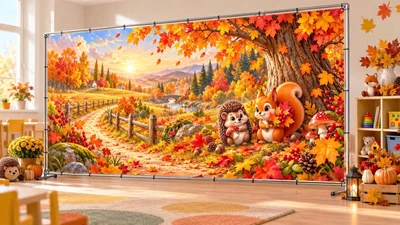 Осенний баннер для фотозоны PHOTODECOR «Белочка и ежик у осенней ограды» 1 кв.м