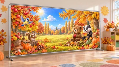 Осенний баннер для фотозоны PHOTODECOR «Медвежонок и енот среди осенних красок» 1 кв.м