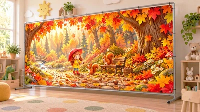 Осенний баннер для фотозоны PHOTODECOR «Девочка и белочки возле скамейки» 1 кв.м