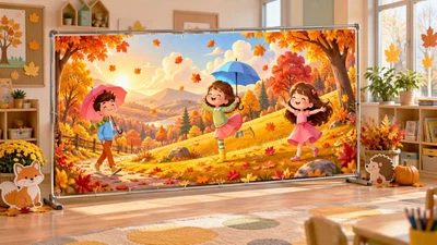 Осенний баннер для фотозоны PHOTODECOR «Дети с зонтиком на осенней прогулке» 1 кв.м