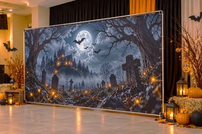 Баннер на Хэллоуин для фотозоны PHOTODECOR «Туманное кладбище и таинственный замок» 1 кв.м
