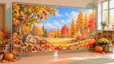 Осенний баннер для фотозоны PHOTODECOR «Олененок и ежики на осеннем лугу» 1 кв.м