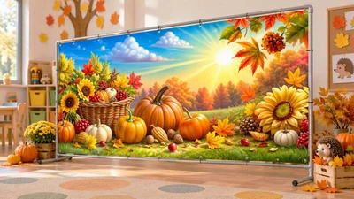 Осенний баннер для фотозоны PHOTODECOR «Корзина урожая и подсолнухи под солнцем» 1 кв.м
