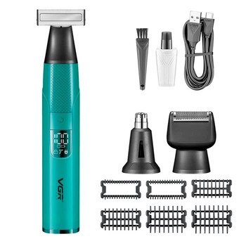 Бритва-тример 3 в 1 VGR V-633 BLUE, 3 насадки, триммер для носа и ушей, LED-дисплей