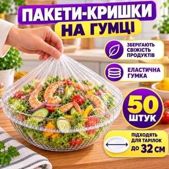 Пакети на гумці для тарілок еластичні для зберігання продуктів 50 штук, поліетиленові пакети-кришки для зберігання в холодильнику (пакет р-50)
