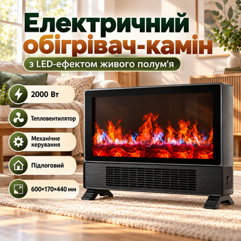 Электрический обогреватель камин 2000 Вт Электрокамин напольный с LED-имитацией огня Тепловентилятор с эффектом живого пламени для дома