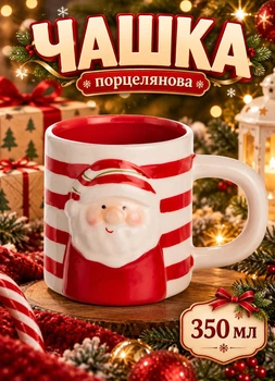 Фарфоровая чашка новогодняя Merry Christmas Санта 350 мл новогодняя посуда детская чашка на подарок кружка фарфор Красный