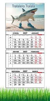 Календарь настенный квартальный на 2027 год на три пружины, Apriori , Акула , Tralalero Tralala ,Тралалеро Тралала , 29,7х61см