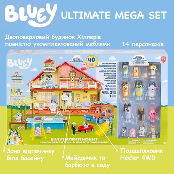 Игровой набор Дом Bluey Ultimate Mega Set Блуи: двухэтажный кукольный домик с мебелью, авто Heeler 4WD, бассейн и 14 фигурок игрушек Максимальная лимотированная коллекция