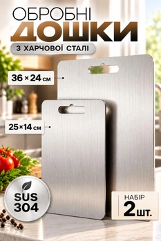 Кухонні обробні дошки з нержавіючої харчової сталі SUS 304 металеві, обробна стальна металева антибактеріальна дошка для кухні, нарізання продуктів. Набір 2шт. (36х24, 25х14см)