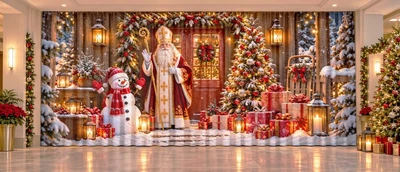 Новогодние ФотоШторы / Фотозона PHOTODECOR "Николай возле праздничных дверей" 1 кв.м