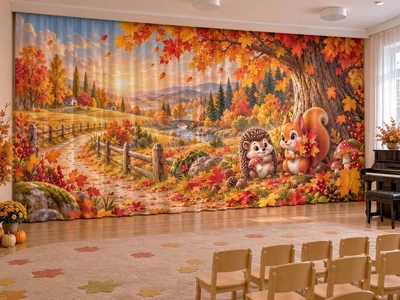 Осенние фотошторы для детского сада PHOTODECOR «Зверята возле деревянного забора» 1 кв.м