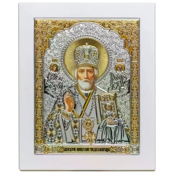 Икона Святого Николая серебряная с позолотой на белом дереве (17,8 х 21,9 см) Ekklesia 6693/3W