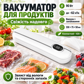 Вакуумный упаковщик для продуктов и еды белый 90 Вт с пакетами вакууматор автоматический домашний 2 режима