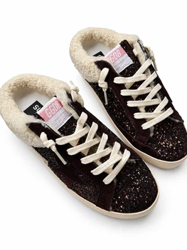 Зимние женские кеды Golden Goose темно-коричневые с блестящим декором из натуральной кожи и замши на шерстяном меху ручного пошива размер 38