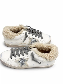 Зимние женские кеды Golden Goose белые из натуральной кожи на шерстяном меху с серебристой звездой размер 38