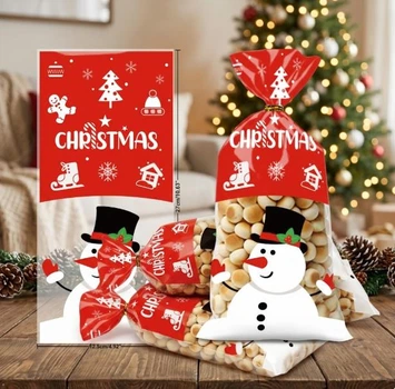 Пакети подарункові Новорічні Сніговик набір 10 шт з зав'язками 27х12.5 см