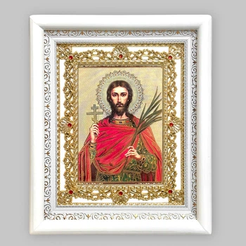 Ікона Іоанн Сочавський святий великомученик, лик 15х18 см, у білому кіоті з камінням
