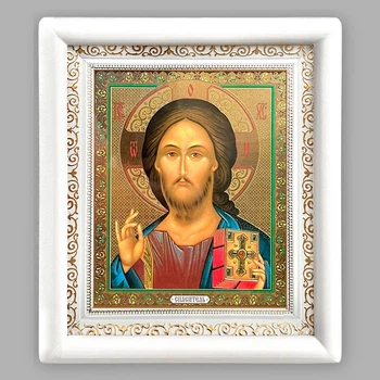 Икона Спаситель Иисус Христос, лик 15х18 см, в белом деревянном киоте
