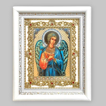 Ікона Ангел Хранитель святий, обличчя 15х18 см, у білому кіоті з камінням