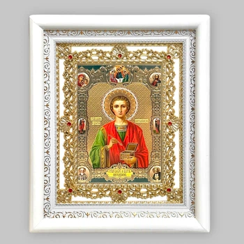 Ікона Пантелеймон святий великомученик і цілитель, лик 15х18 см, у білому кіоті з камінням, 05751