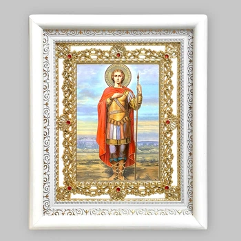 Ікона Георгій святий великомученик та Побєдоносець, лик 15х18 см, у білому кіоті з камінням