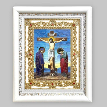 Ікона Голгофа, лик 15х18, у білому кіоті з камінням