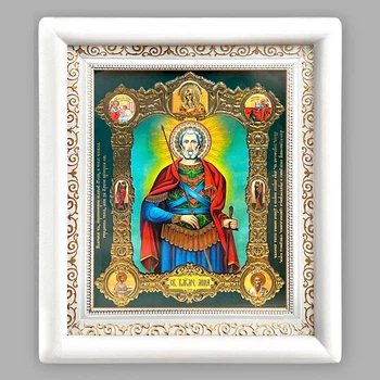 Икона Мина святой великомученик, лик 15х18 см, в белом прямом деревянном киоте