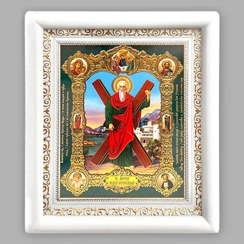 Икона Андрей Первозванный святой апостол, лик 15х18 см, в белом деревянном киоте, 06247