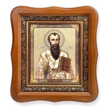 Икона Василий Великий святой, лик 15х18 см, в светлом деревянном киоте