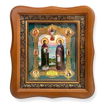Икона Петр и Феврония святые лик 15х18 см, в светлом деревянном киоте.