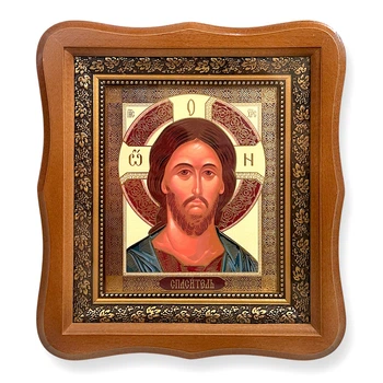Икона Спаситель, лик 15х18 см, в светлом деревянном киоте, 53021