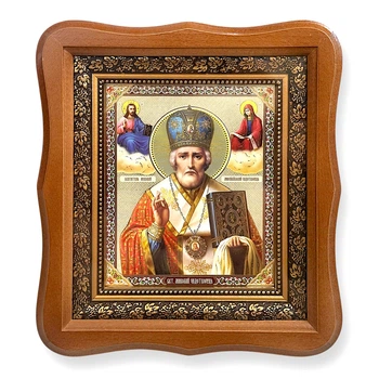 Икона Николая Чудотворца Святителя, лик 15х18 см, в светлом деревянном киоте., 52661