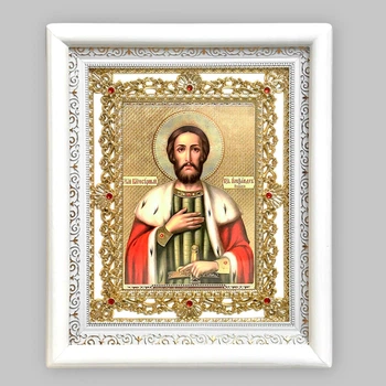Ікона Олександр Невський святий благовірний князь, лик 15х18 см, у білому кіоті з камінням