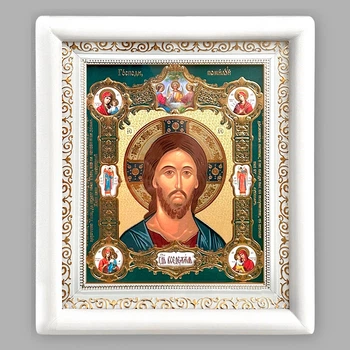Икона Господь Вседержитель, лик 15х18 см, в белом деревянном киоте, 06151