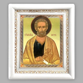 Икона святой апостол Петр, лик 15х18 см, в белом деревянном киоте