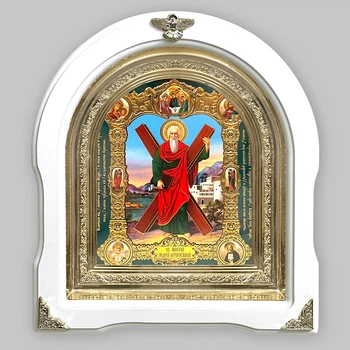 Икона Андрей Первозванный святой апостол, лик 15х18 см, в белом деревянном киоте, арка