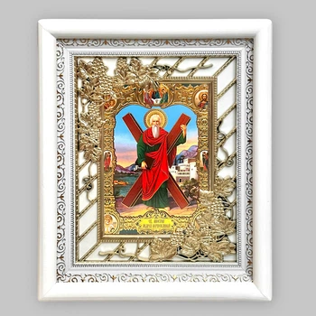Икона Андрей Первозванный святой апостол, лик 15х18 см, в белом киоте с виноградным окладом, 53367