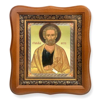Икона Петр Апостол, лик 15х18 см, в светлом деревянном киоте.